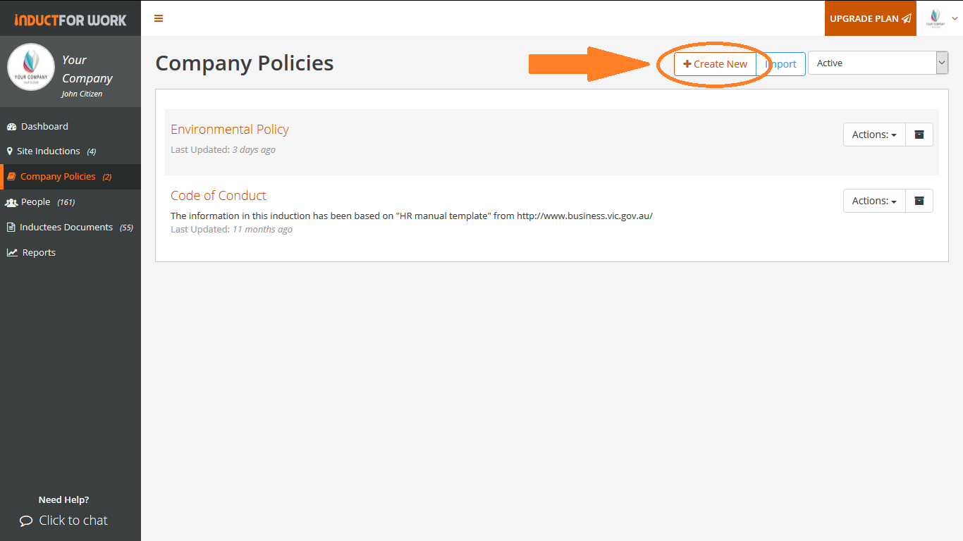 Online Inductions Company Policies How to add Company Policies 1