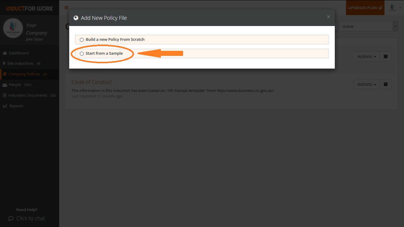 online inducion help pages company policies How to add Company Policies 2