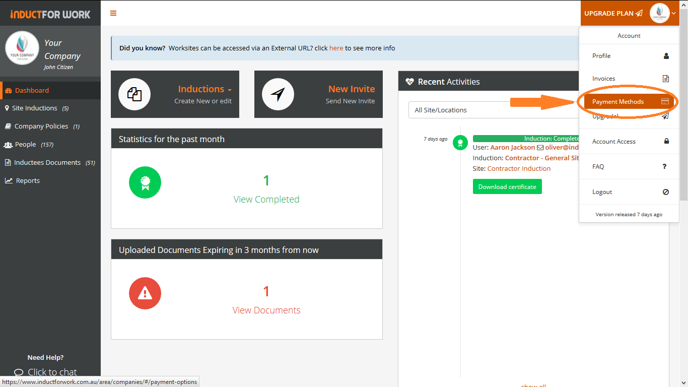 Online Inductions how to change credit card details Help Pages Online Inductions how to change credit card details