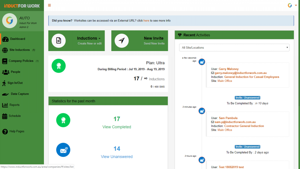 Online Induction Dashboard