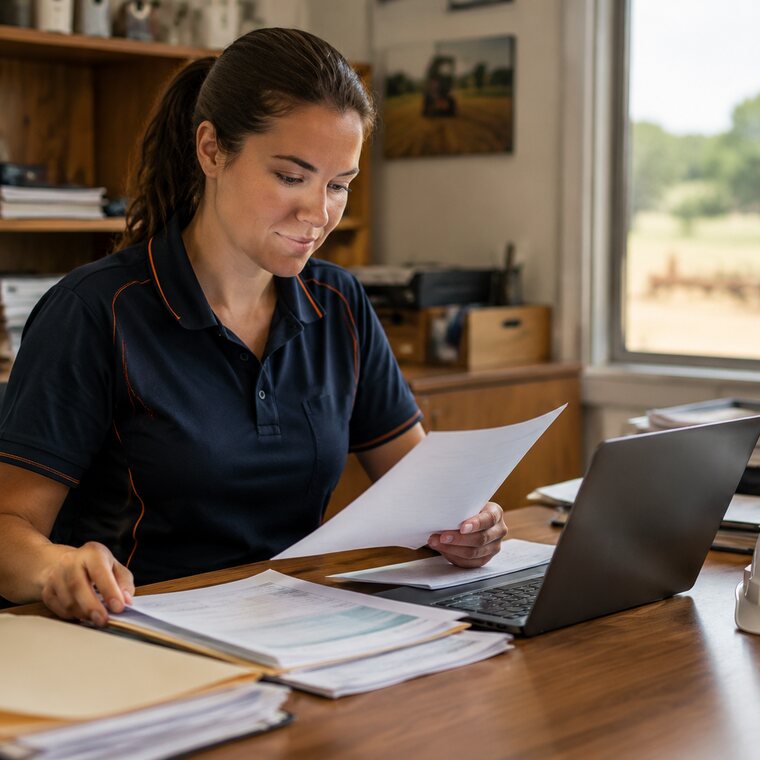 Farm administrator reviewing licences and compliance documents