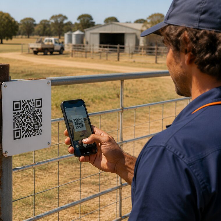 Farm worker scanning a QR code at a property gate
