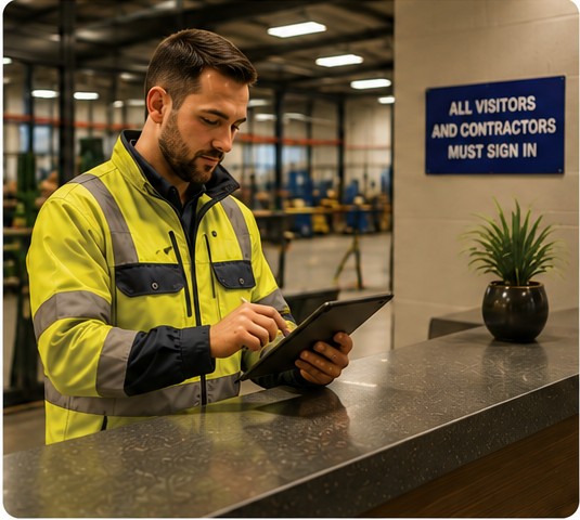 Worker using a tablet to complete an electronic workplace sign-off in a warehouse