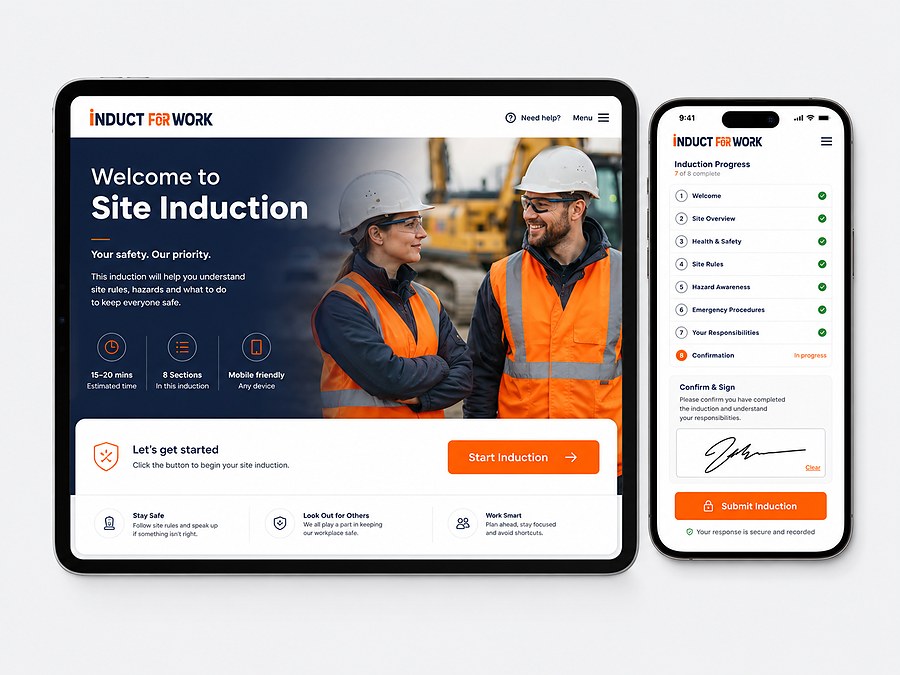 Online site induction displayed across tablet and mobile devices