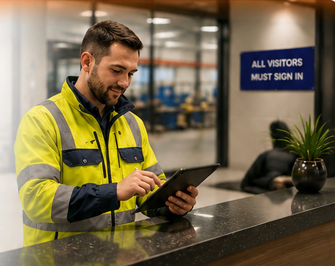 Worker completing an online workplace induction on a tablet at reception