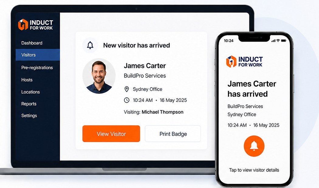 Visitor Management dashboard showing a new visitor arrival with a matching mobile notification