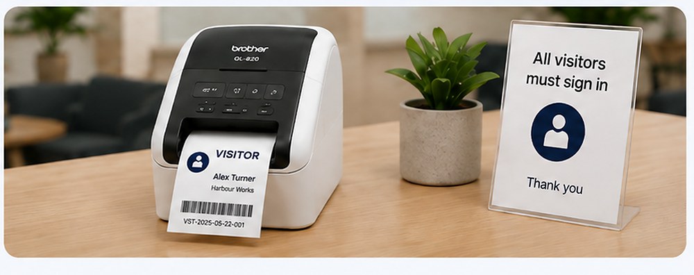 Brother QL-820 visitor label printer beside a visitor sign-in notice