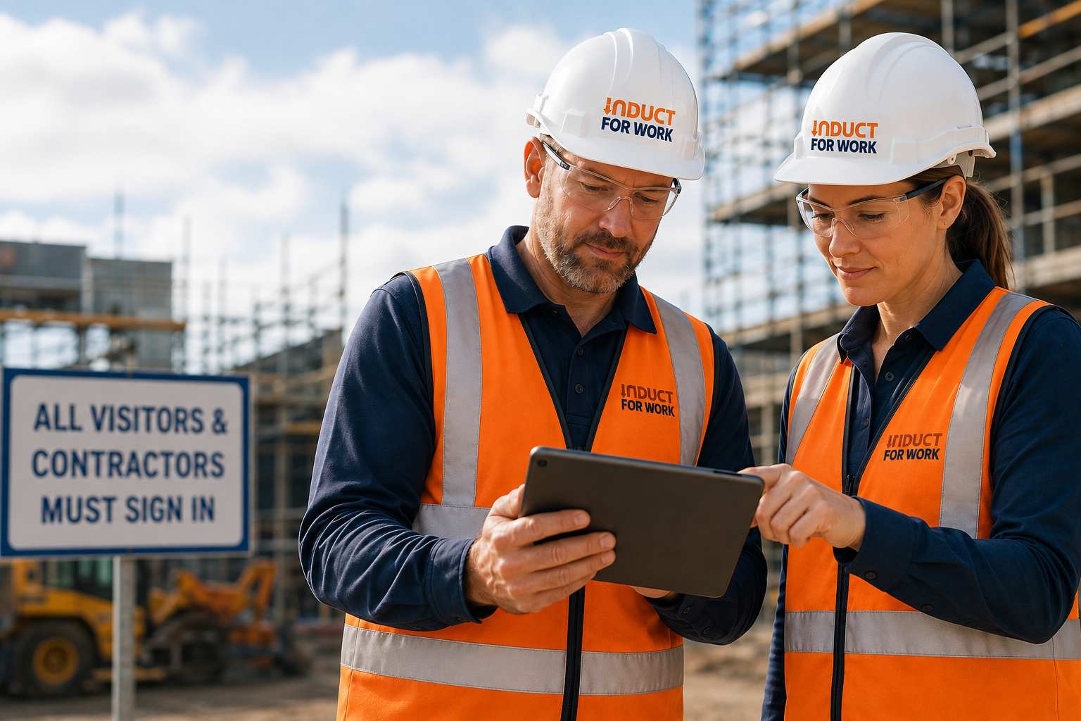 Workers reviewing workplace induction and compliance information on an iPad