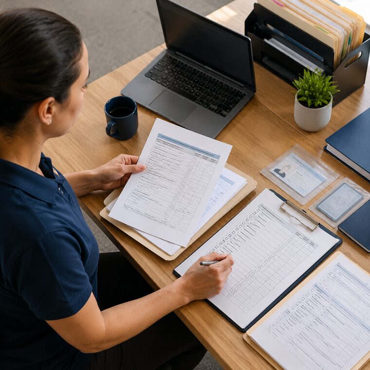 Administrator reviewing policies checks and volunteer forms