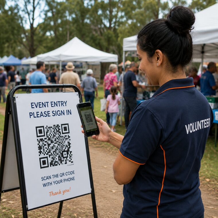 Volunteer scanning a QR code to sign in at a community event