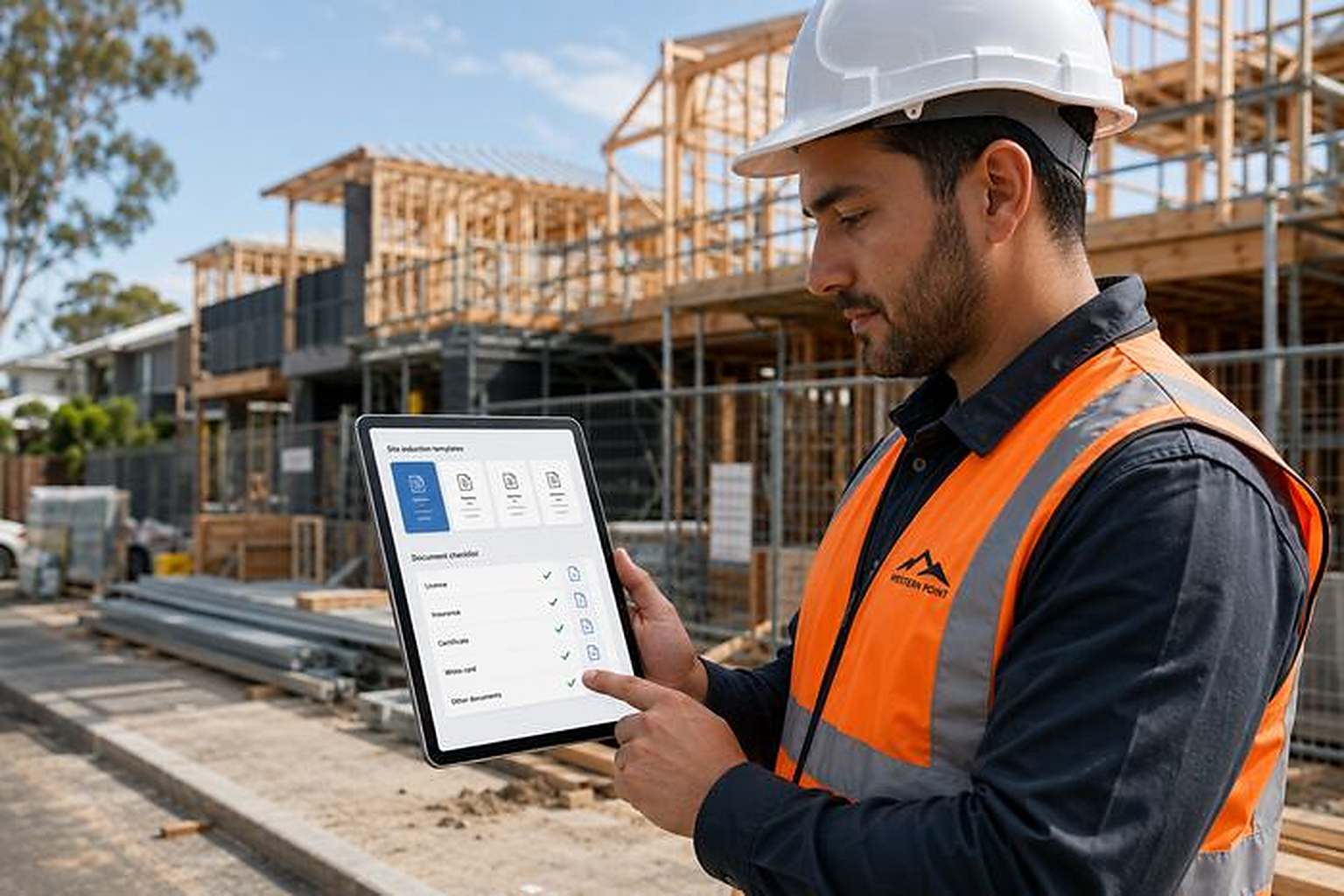 Construction contractor reviewing pre-qualification requirements on a tablet