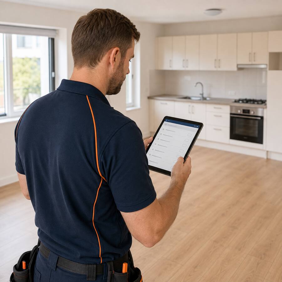 Maintenance contractor reviewing property-specific instructions on a tablet