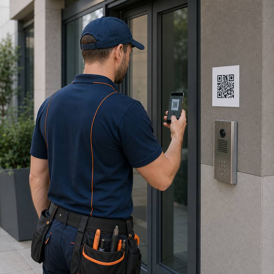 Rental maintenance contractor scanning a QR code at an apartment entrance