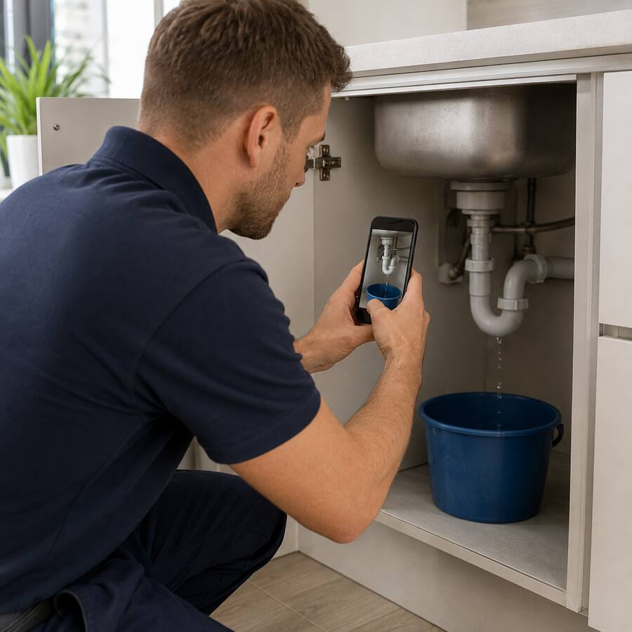 Maintenance contractor reporting a plumbing leak using a mobile phone
