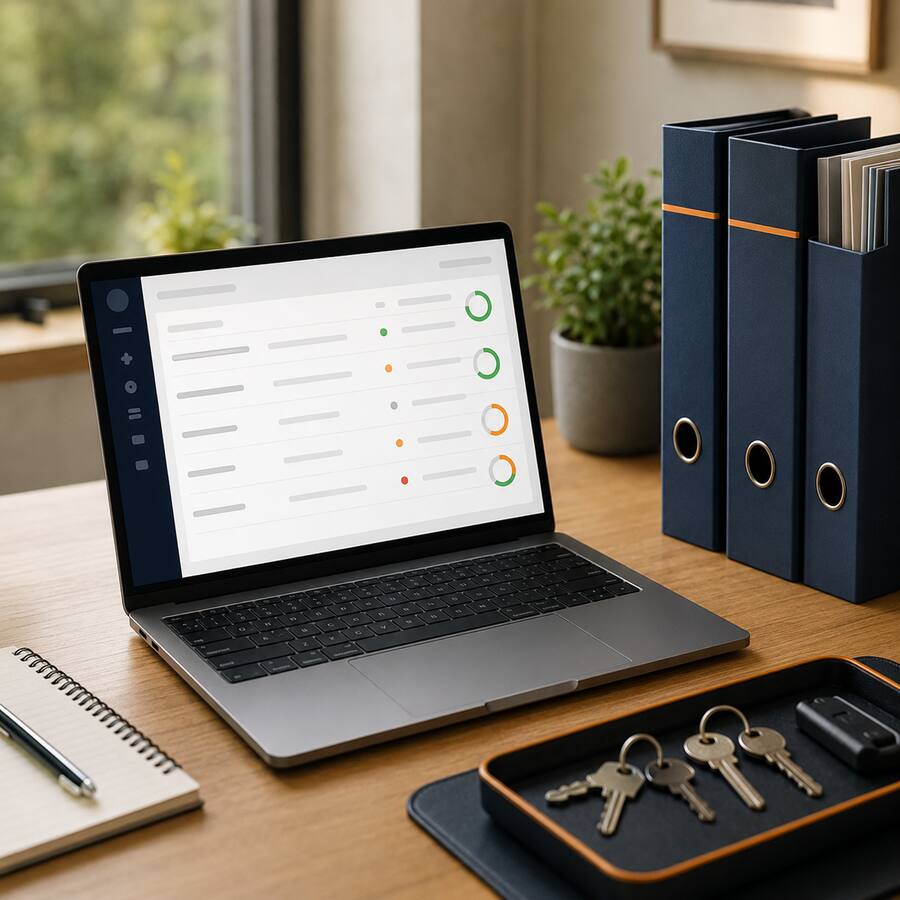 Organised rental contractor compliance records on a laptop