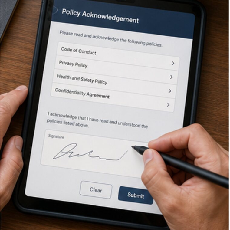 Worker acknowledging facility privacy and safety policies on a tablet