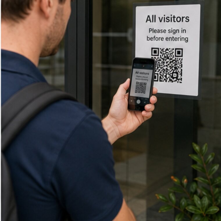 Contractor scanning a QR code to sign in at a care facility