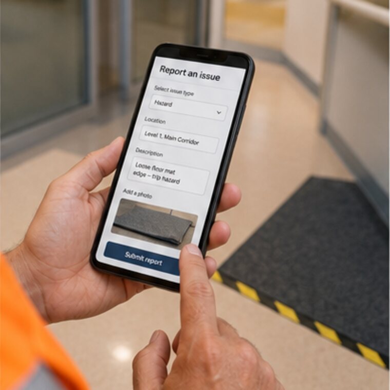 Worker reporting a facility hazard using a mobile phone