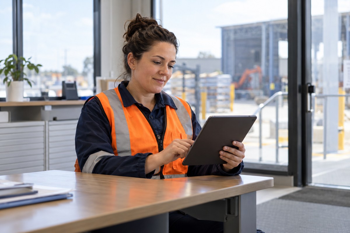 Worker completing refresher training on a tablet at a site reception desk