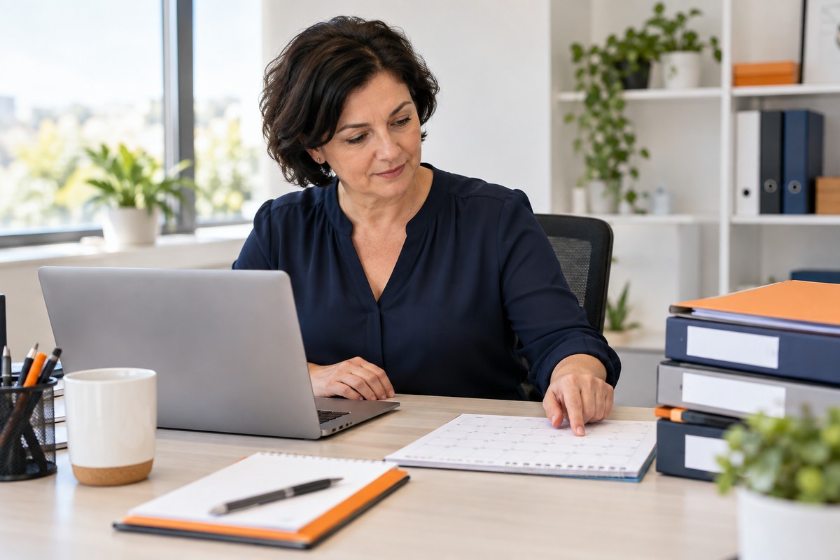 Administrator reviewing a calendar and induction records at a laptop