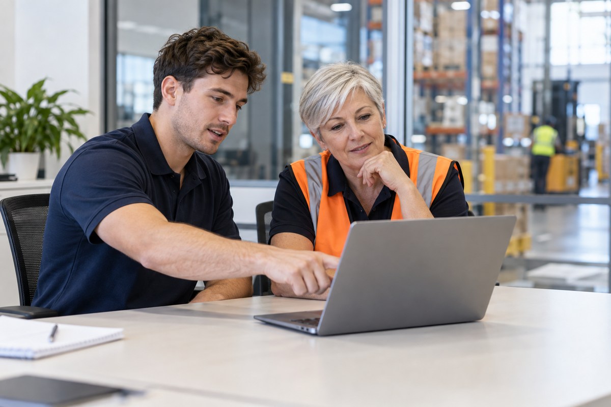 Colleagues reviewing induction progress on a laptop in a warehouse office