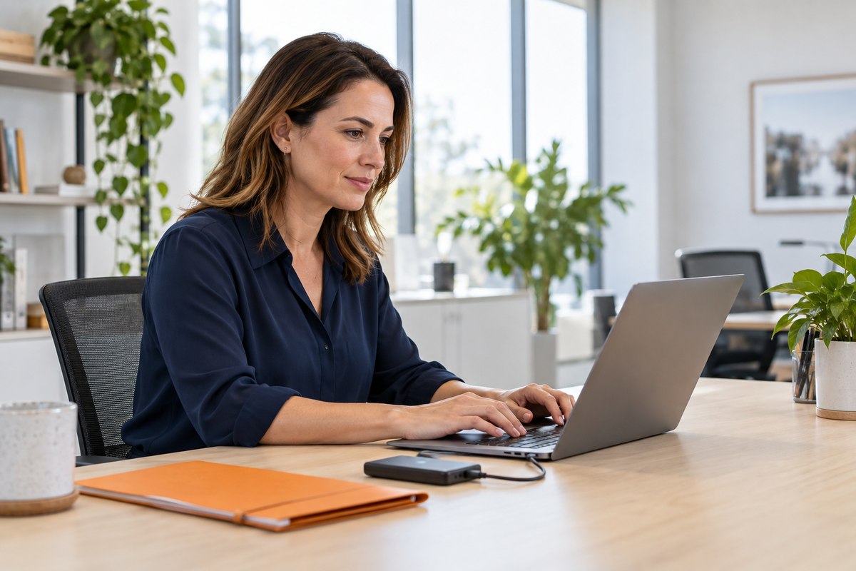 Administrator working on a laptop beside an external storage drive