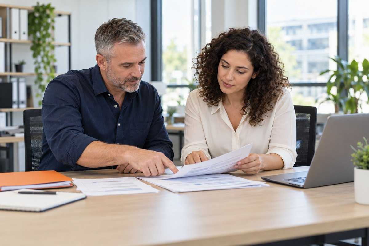 Two colleagues reviewing printed records beside a laptop