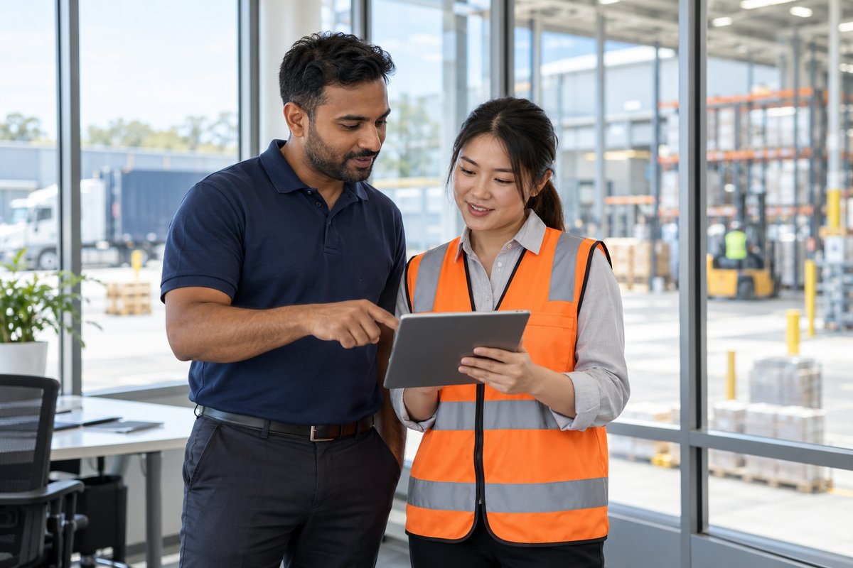 Operations colleagues reviewing information on a tablet in a warehouse office