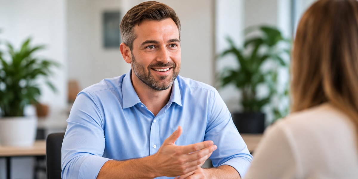 Sales adviser in a light blue shirt speaking with a customer