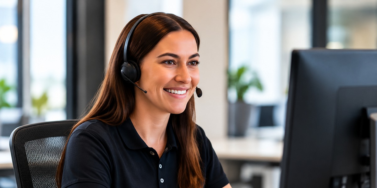 Customer support adviser wearing a headset at her workstation