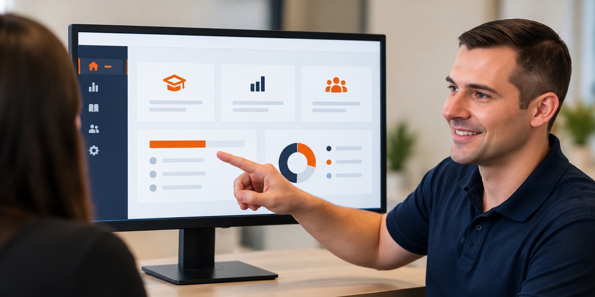 Trainer explaining an induction dashboard to a colleague
