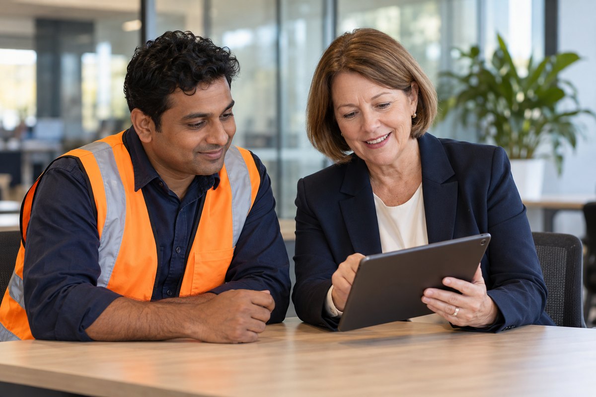 A trainer and employee reviewing induction content on a tablet