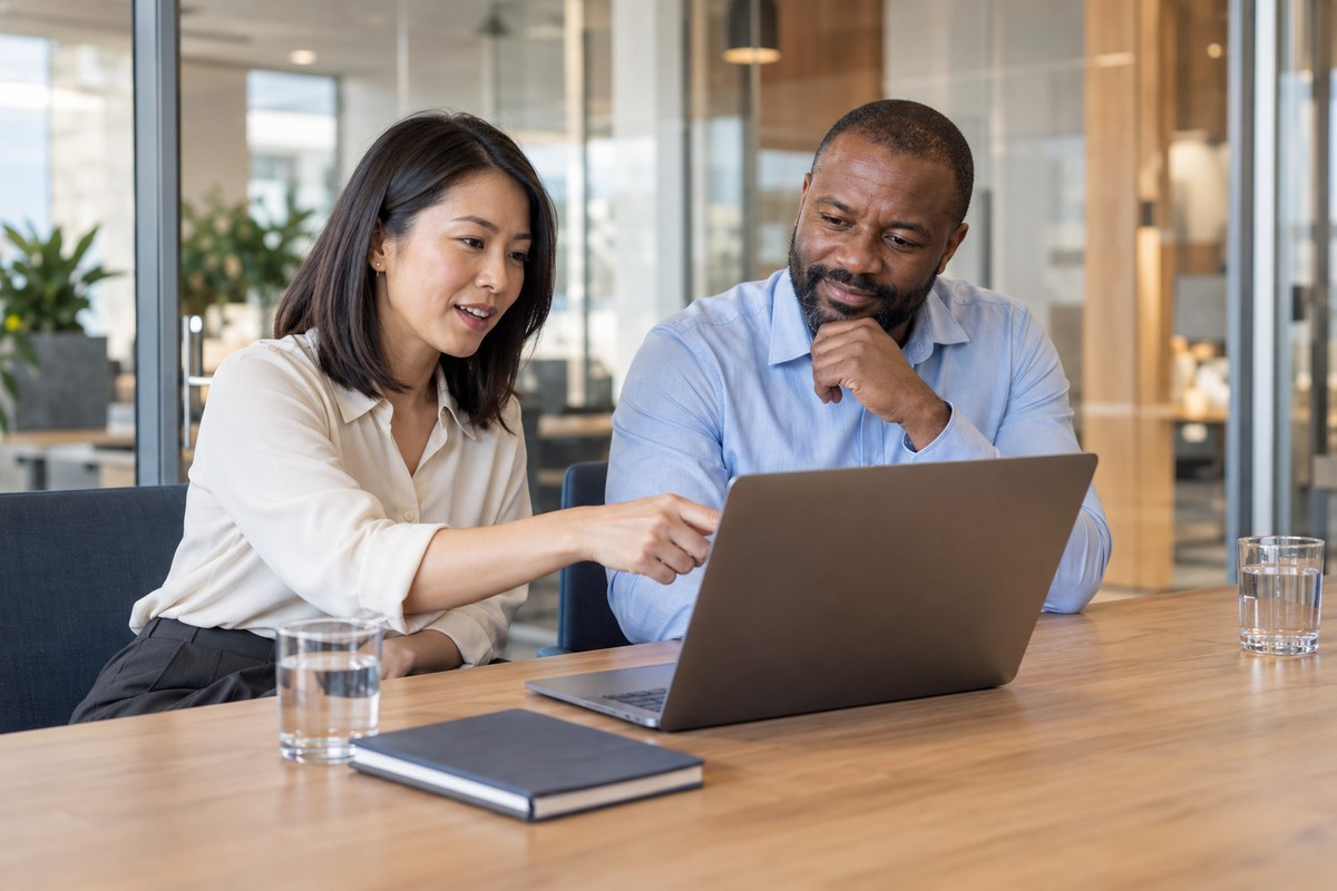 Two colleagues reviewing induction content together on a laptop