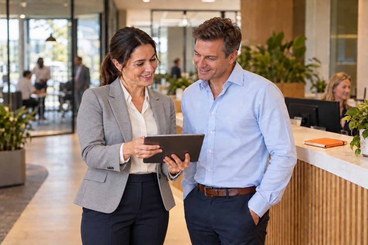 Team leader welcoming a new employee and reviewing a tablet at reception