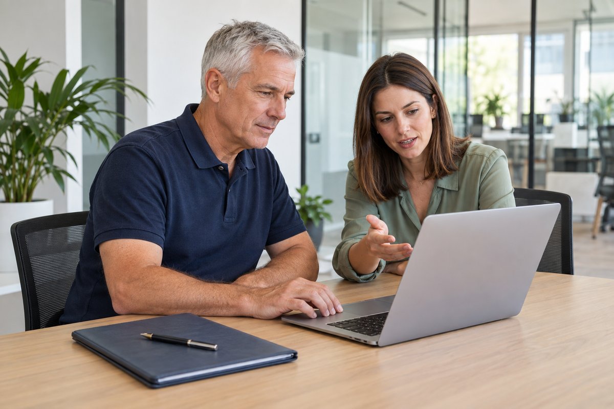 Administrators reviewing onboarding records together at a laptop