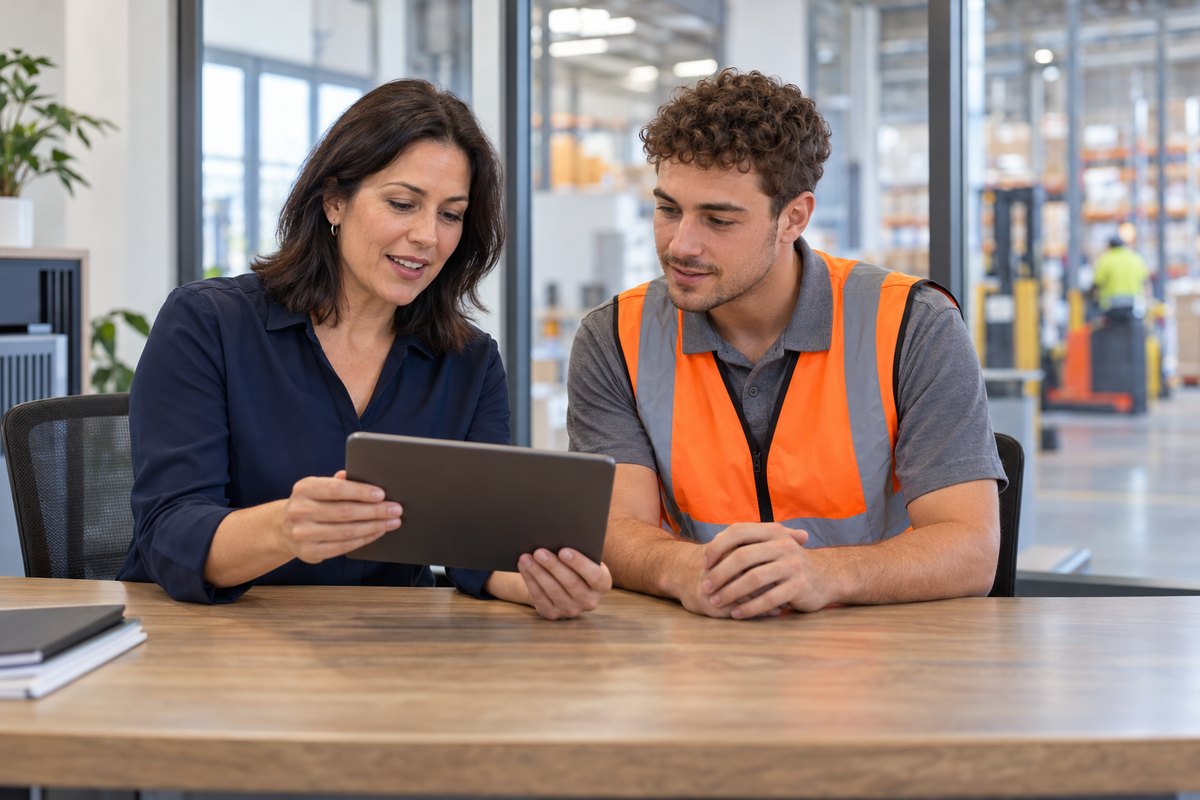 Supervisor guiding a new starter through online training on a tablet