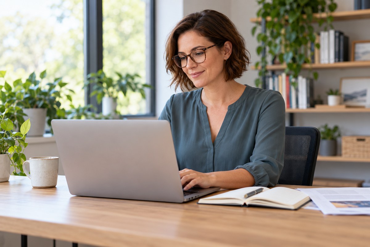 Training coordinator preparing induction content at a laptop