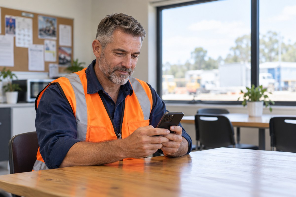 Contractor reviewing online induction training on a phone in a site office
