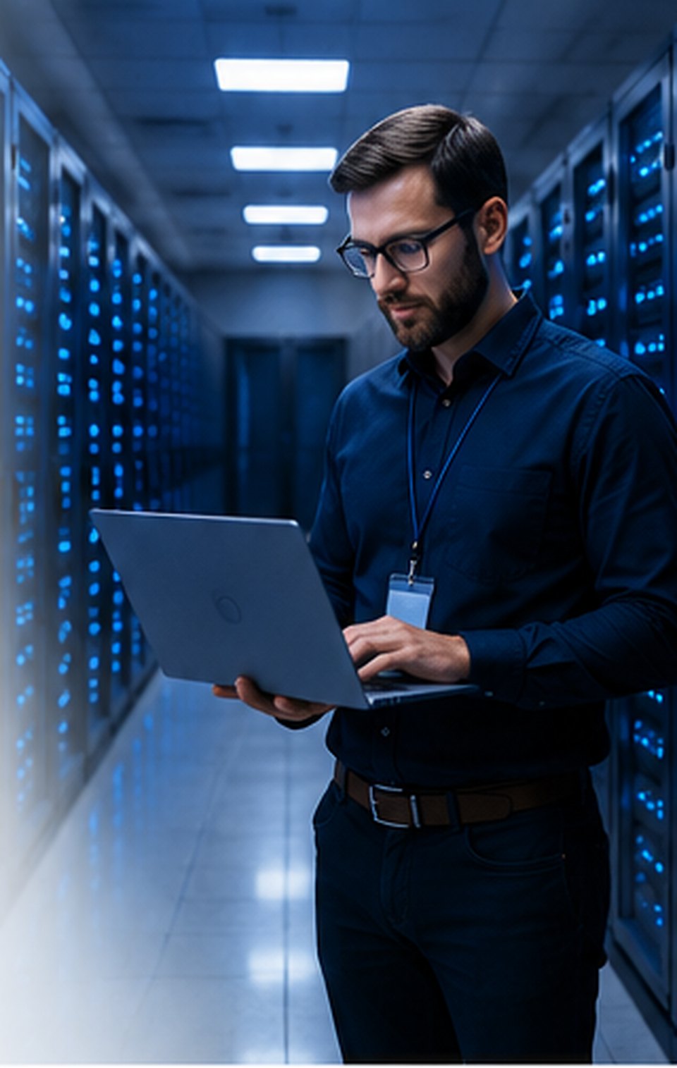 Security professional working with a tablet inside a modern data centre