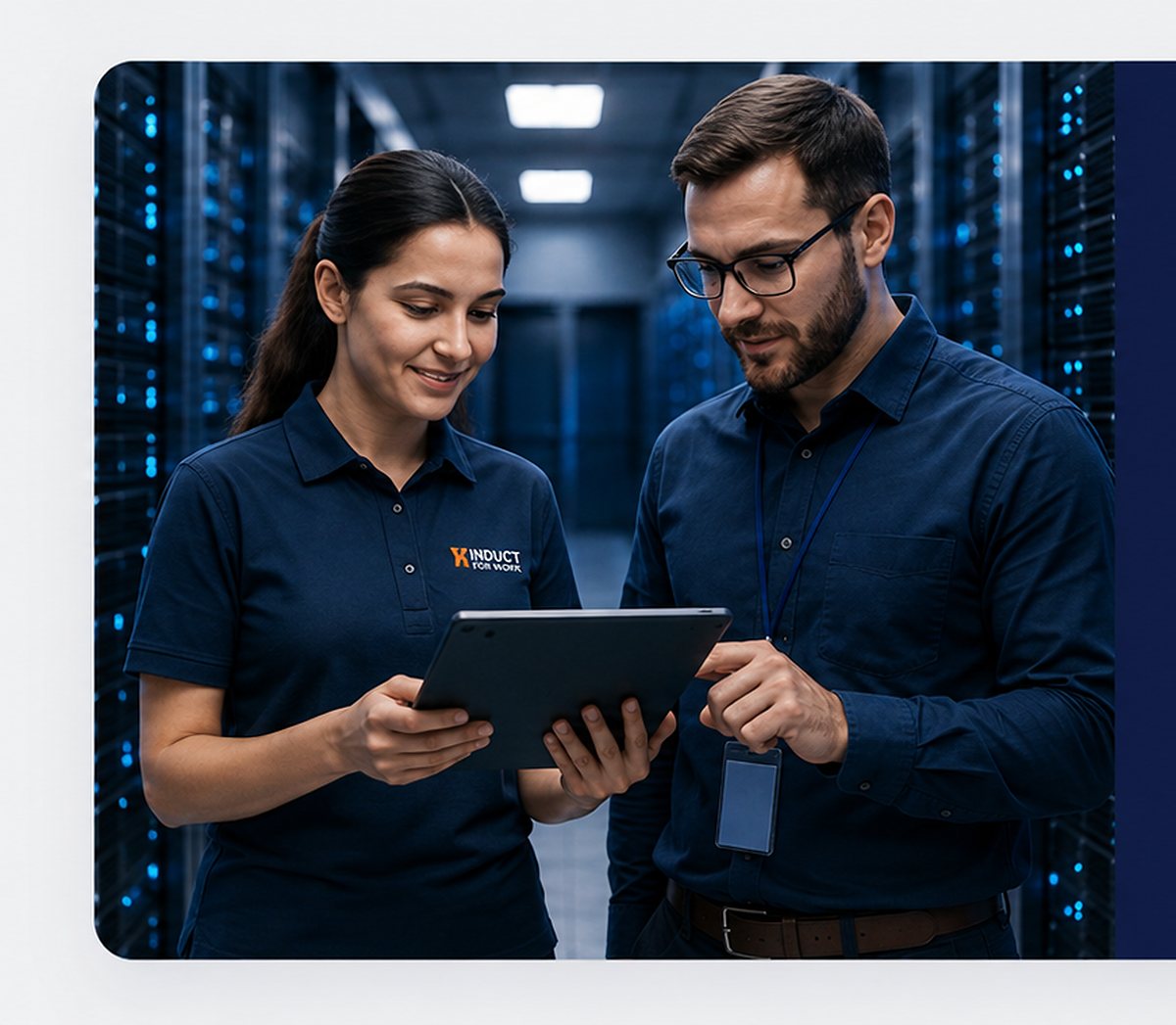 Two security team members reviewing information together in a data centre