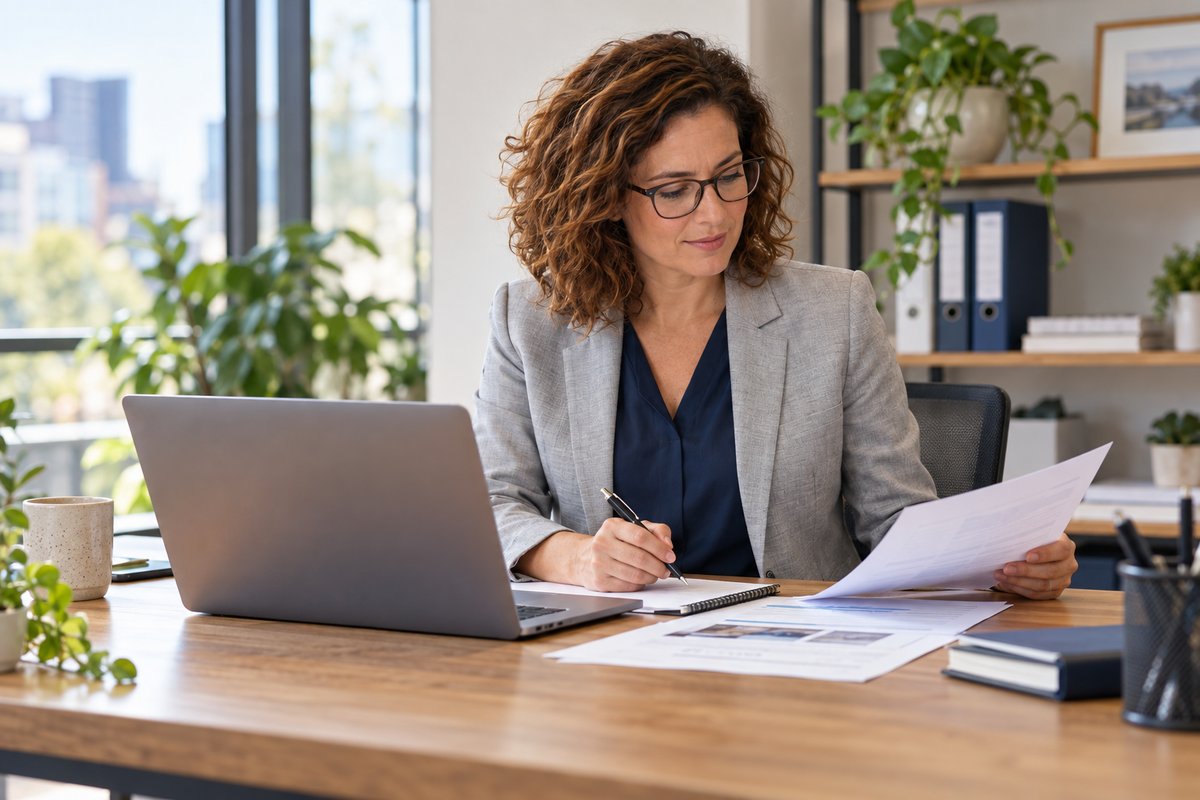 Training coordinator preparing induction content at a laptop