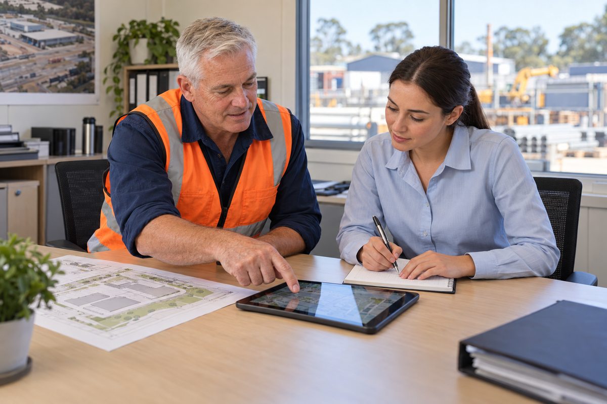 Site supervisor and colleague reviewing workplace details for their induction