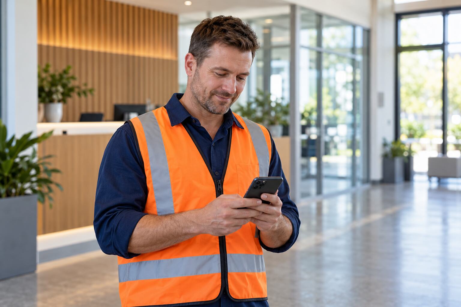 Contractor using a mobile phone to register for an induction at workplace reception