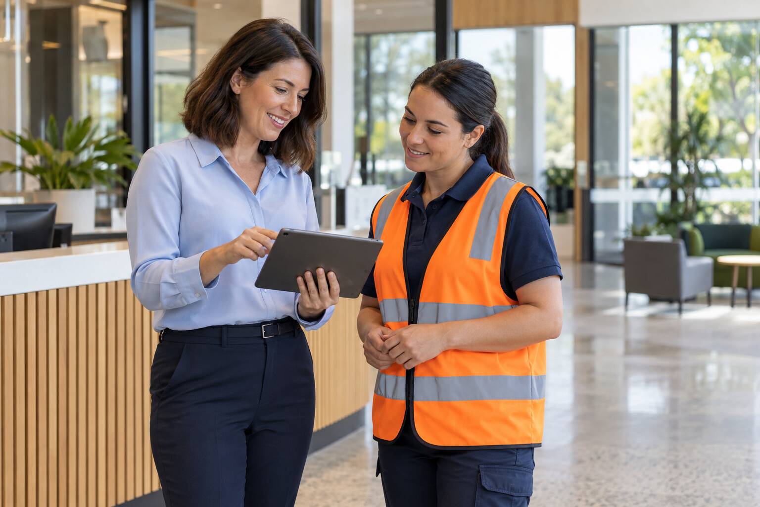 Workplace coordinator welcoming a contractor and reviewing induction information on a tablet
