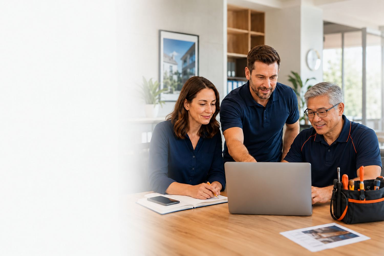Three colleagues working through account setup together at a laptop